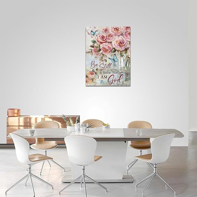 Farmhouse Rose Wall Art Christian Scripture Pictures Pink Rose Wall Decor Rustic Floral Butterfly Canvas Print Painting Artwork for Bathroom Living Room Bedroom 12"x16"-PawvioPets