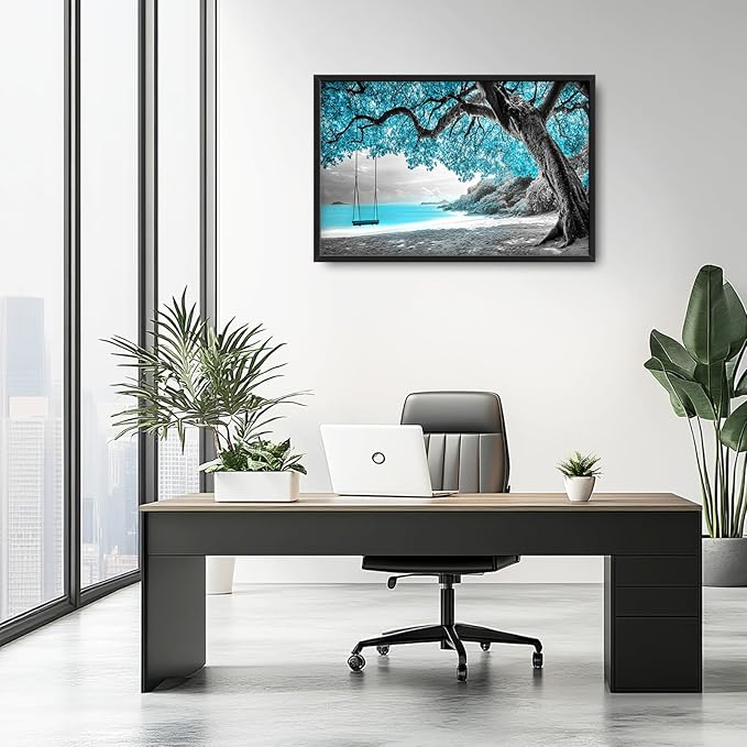 Extra Large Framed Abstract Tree Wall Art,Black and White Tree of Life Wall Decor,Blue Teal Sea Pictures for Living Room,Canvas Print Painting Modern Artwork Bedroom Office Bathroom 36L x 24W-PawvioPets