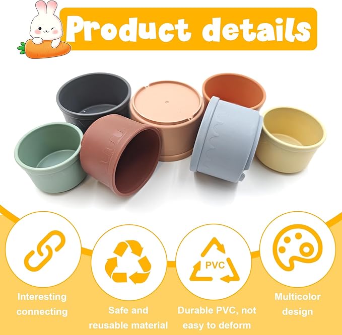 8 Pcs Stacking Cups for Small Animal Toys,Nesting Rabbit Toys of Different Sizes,Safe Plastic Colorful Nesting Toys for Bunny Guinea Pig Hiding Food and Playing-PawvioPets