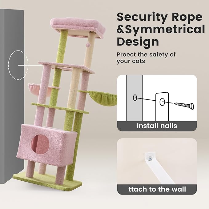 Gardner Pet 65in Heavy Duty Cat Tree Tower for Large Cats, Multi-Level Cat Furniture with Replaceable Sisal Scratching Post, Hammock | Extra-Large Platform & Condo (Pink&Green, Basic φ:2.84")-PawvioPets