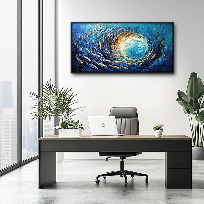Extra Large Framed Abstract Ocean Fish Wall Art,Oversized Blue Sea Nautical Fish Wall Decor Pictures for Living Room,Canvas Print Painting Modern Artwork Bedroom Office Bathroom Home Decor 60L x30W-PawvioPets