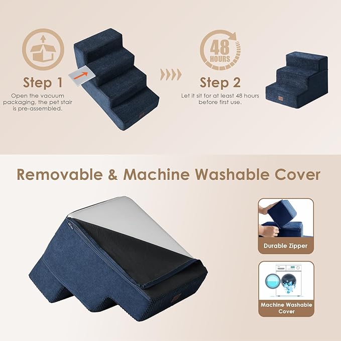 EHEYCIGA Dog Stairs for Small Dogs 13.5" H, 3-Step Dog Steps for Couch Sofa and Chair, Pet Steps for Medium Cats, Non-Slip Balanced Pet Ramp Indoor, Navy Blue-PawvioPets