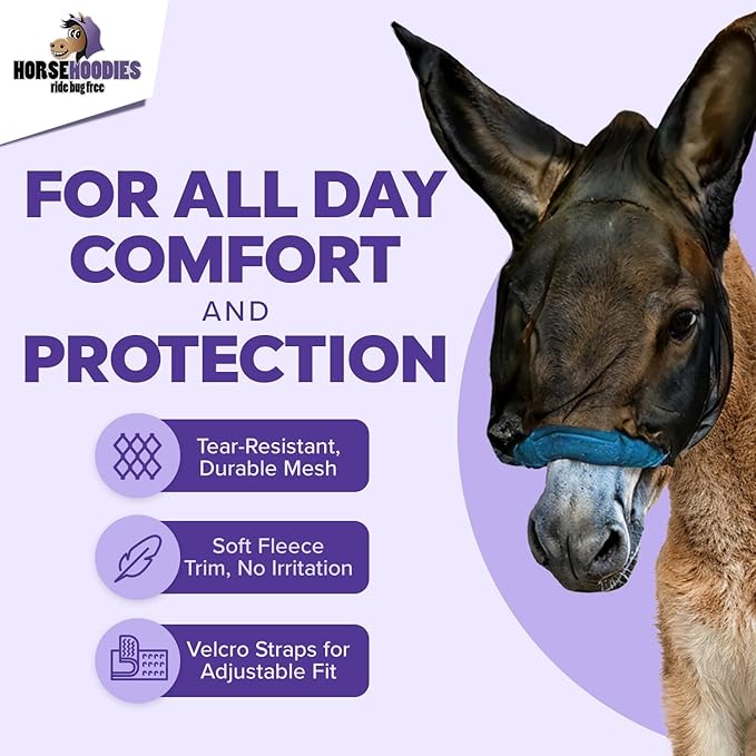 Donkey Fly Mask with Long Ears (Aqua) Made in USA - Mule Fly Mask with Ears Protection from Insects and Bugs, Mini Donkey Soft Mesh Fabric with Adjustable Fastener, Face Cover Supplies for Donkeys-PawvioPets