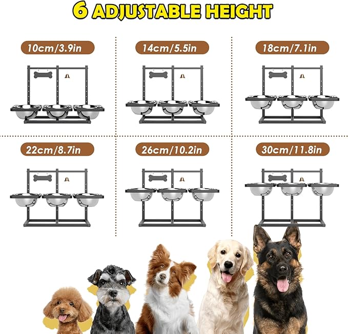 Elevated Dog Bowl Stand for Medium/Large Dogs with Slow Feeder & Mat, Adjustable Height 3.9'',5.5'',7.1'',8.7'',10.2'',11.8'', 58oz Raised Triple Dog Food Water Bowls-PawvioPets