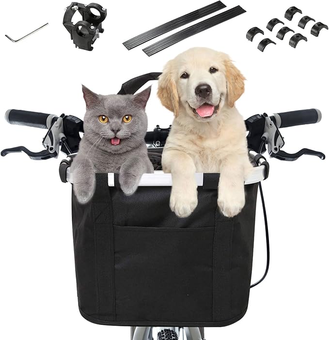 Bike Basket Front Dog Basket for Bike, Bike Baskets for Adult Bikes, Bike Bags for Bicycles, Removable Bicycle Basket, Folding Small Pet Bag for Shopping Camping Cycling-PawvioPets