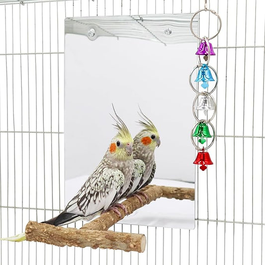 Bird Mirror Toy with Perch Stand, Parrot Parakeet Mirror with Bird Swing Bell Toys, Bird Cage Accessories, Suitable for Parakeet Cockatiel Conure Lovebirds - 7.9 × 6.3 Inch-PawvioPets