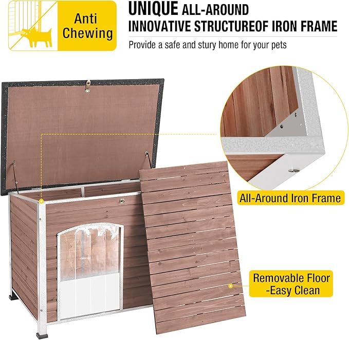 Dog House Outdoor & Indoor Wooden Dog Kennel for Winter with Raised Feet Weatherproof for Small & Medium & Large Dogs,Unique All-Around Iron Frame，Light Brown-PawvioPets
