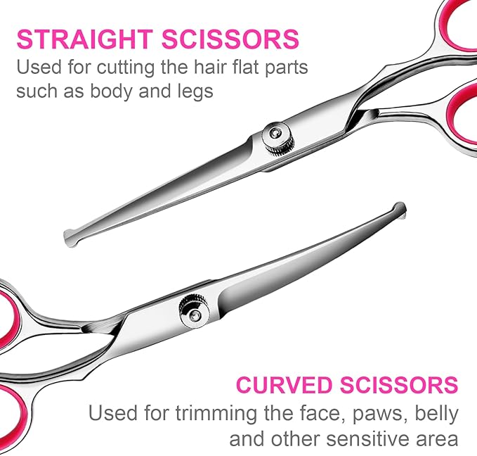 6 in1 Professional Dog Grooming Scissors Kit, Dog Shears for Grooming with Safety Round Tips, Titanium Coated Grooming Scissors for Dogs Cat Pet At Home-PawvioPets