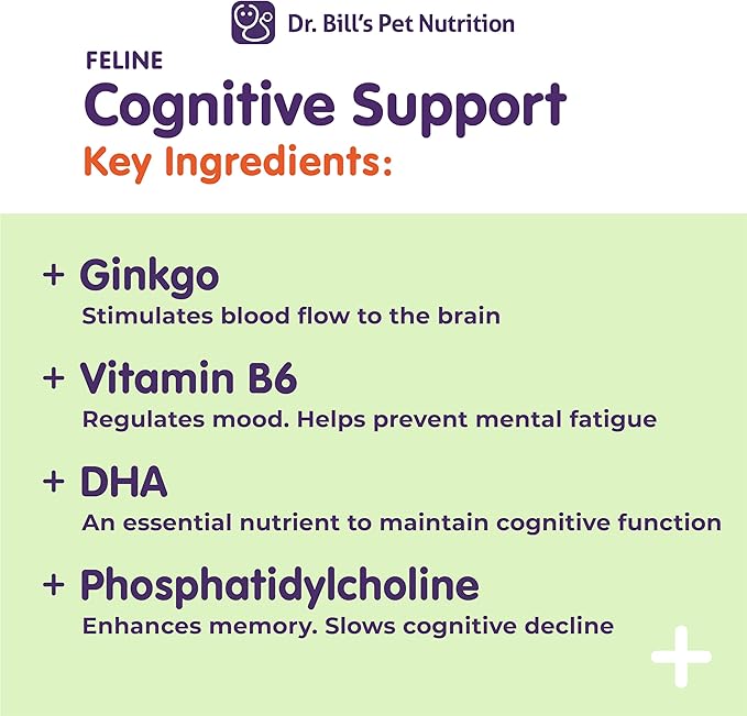 Dr. Bill's Feline Cognitive Support | Memory Support Supplement for Cats | Pet Supplement | Contains Gingko Biloba, L-Carnosine, Vitamin B-12, L-Glutamine, L-Tyrosine, and DHA-PawvioPets