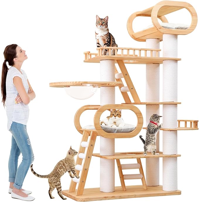 77‘’ Modern Cat Tree, Tall Wood Cat Tower for Indoor Cats Large Adult, Heavy Duty Cat Tree with Scratching Post, Luxury Kitty Condo, Sturdy Cat Furniture with 1 Transparent Bed and 3 Climb Labber-PawvioPets