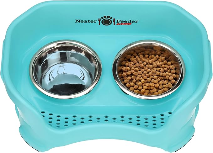 Neater Feeder Deluxe Mess Proof Cat Bowls Elevated for All Breeds – Made in USA – No Spill Raised Bowls for Indoor Cats – Stainless Steel Food and Water Bowl Set, Pet Dish Feeding Station, Aquamarine-PawvioPets