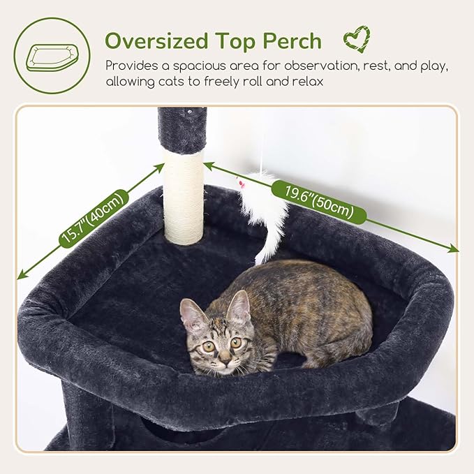 Globlazer Large Cat Tree Tower, Tall Cat Tree Condos for Indoor Cats Large Adult Cat Climbing Tower with 2 Spacious Caves, Oversized Top Perch, Big Hanging Basket, Cat Teaser Wand, F74B, Dark Grey-PawvioPets