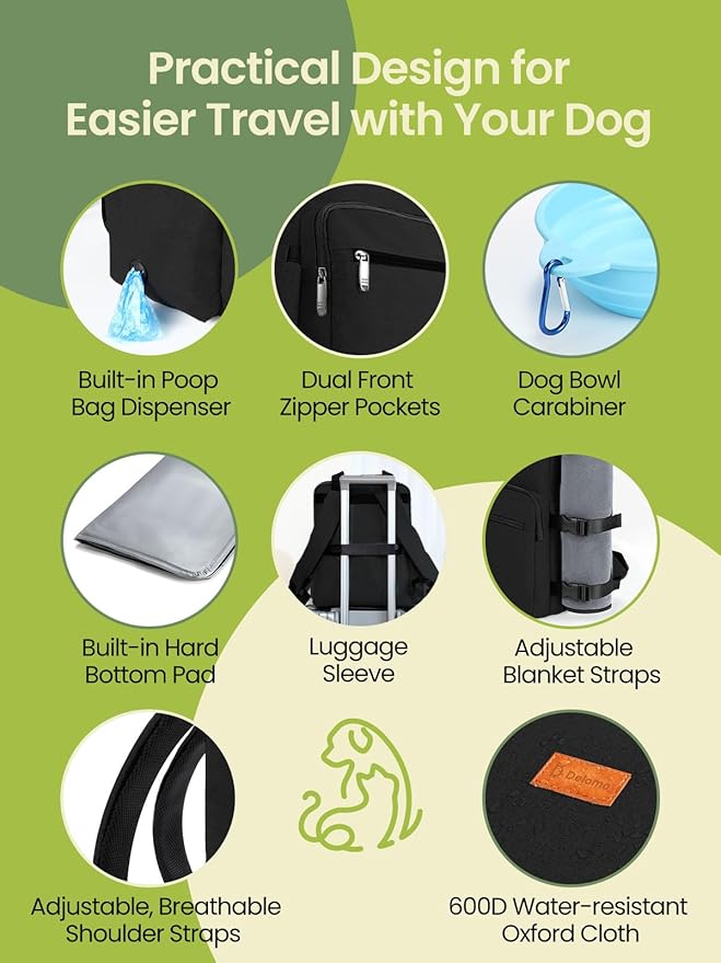 Dog Travel Bag, 25L Airline Approved Dog Travel Backpack for Pet Travel Accessories with 2 Food Storage Containers, 2 Foldable Bowls for Short Trips, Black-PawvioPets