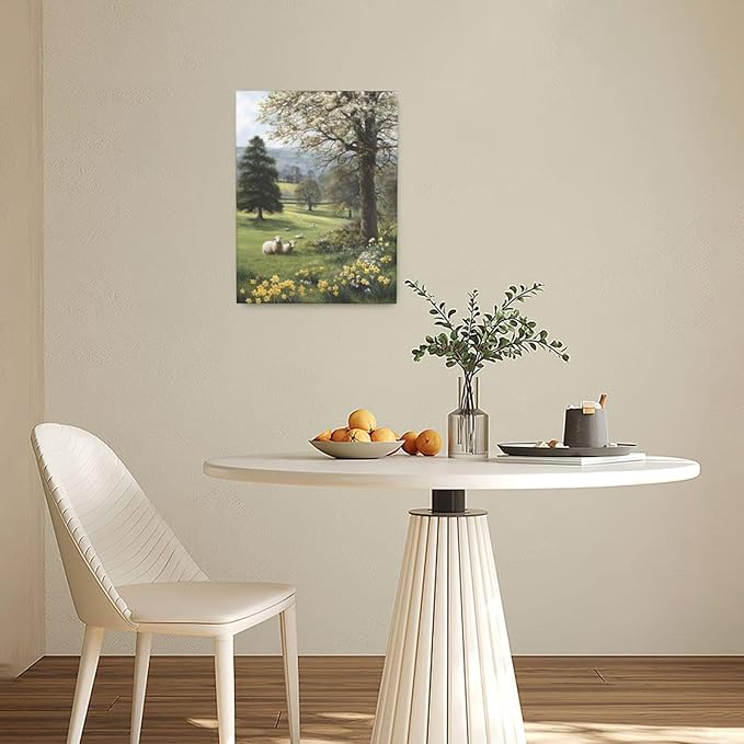 Country Sheep Canvas Wall Decor Farmhouse Rustic Lamb Wildflower Wall Art Nature Countryside Landscape Pictures Painting Print Framed Artwork Decorations for Bathroom Living Room Bedroom 12"x16"-PawvioPets