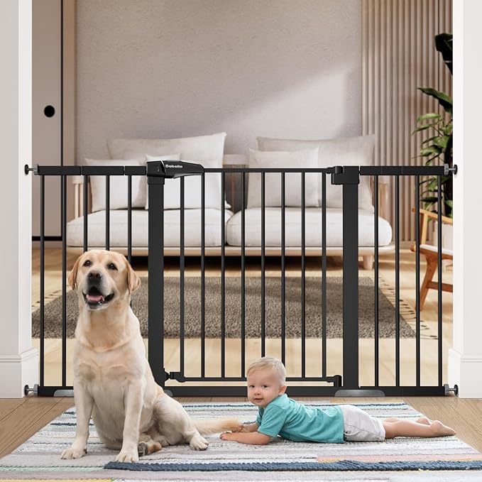 BABELIO Extra Wide Baby/Dog Gate, 29-55" Auto Clos for The House and Doorway, Safety Pressure Mounted Pet Door, NO Need Tools and Drilling, Black-PawvioPets