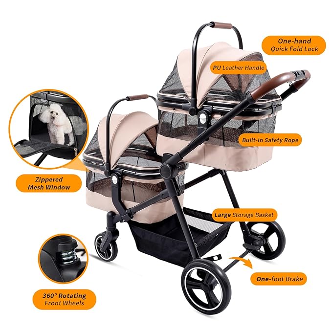 Foldable Double Pet Stroller for 2 Small Medium Cats Dogs, Lightweight Single and Double Integrated Pet Stroller with Detachable Carriers-PawvioPets