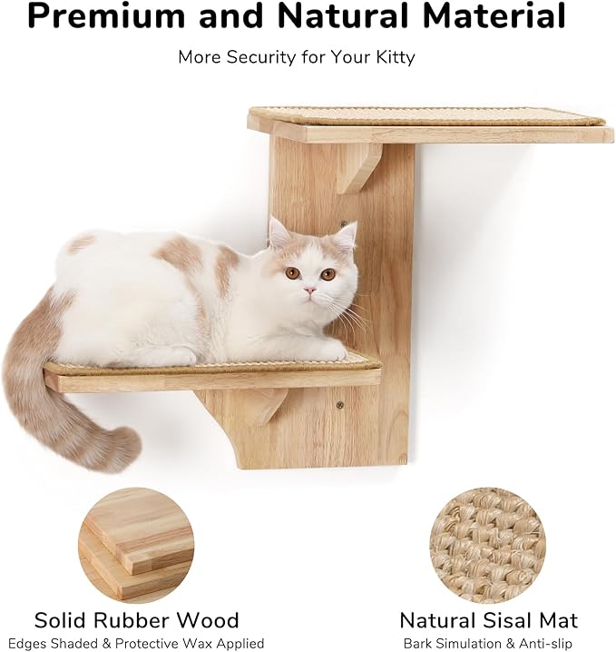 FUKUMARU Cat Wall Shelves, 2 Platform Kitten Wall Furniture, Tree Shape Wall-Mounted Floating Shelf with Sisal Mat, Solid Rubber Wood Cats Perch for 16 Inch Drywall, Suitable for Climb, Play, Nap-PawvioPets
