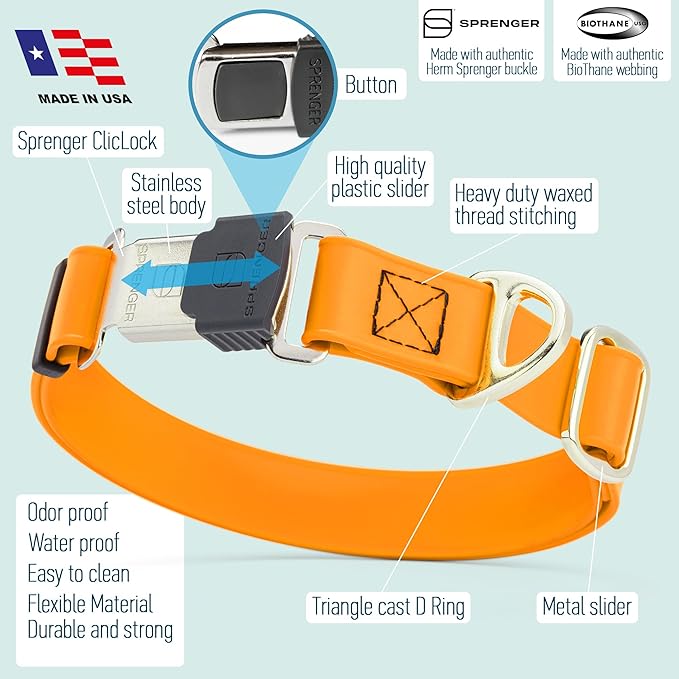 Dogline Biothane Waterproof Dog Collar with Herm Sprenger Stainless Steel Quick Release Buckle – Heavy Duty Tactical Durable Collar for Dogs – Comfortable and Safe Pet Collar W 3/4" L 12-19" Tangerine-PawvioPets