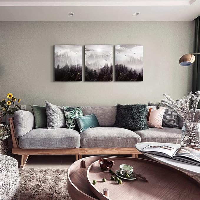 Framed Canvas Art - Boho Wall Decor Set of 3: Foggy Forest Trees Scenery for Living Room, Bedroom, Office, Farmhouse, Home Decoration-PawvioPets