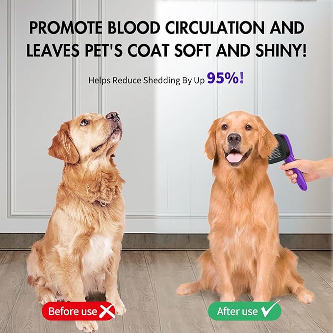 Dog Self Cleaning Slicker Brush for Shedding, Ideal for Short Long Haired Dogs, Including Cat. Removes Loose Fur, Undercoat, Mats, Tangled Hair. Suit for Large Medium Small Animal, Purple-PawvioPets