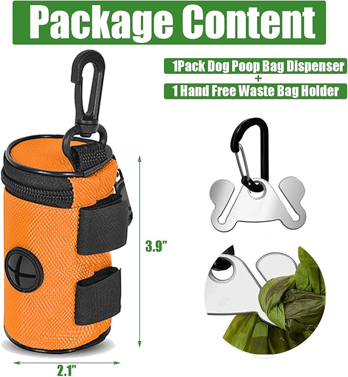 Dog Poop Bag Holder for Leash Attachment - Waste Bag Dispenser for Leash - Fits Any Dog Leash - Portable Set with Hand Free Holder Metal Carrier, Round Shape, Orange-PawvioPets