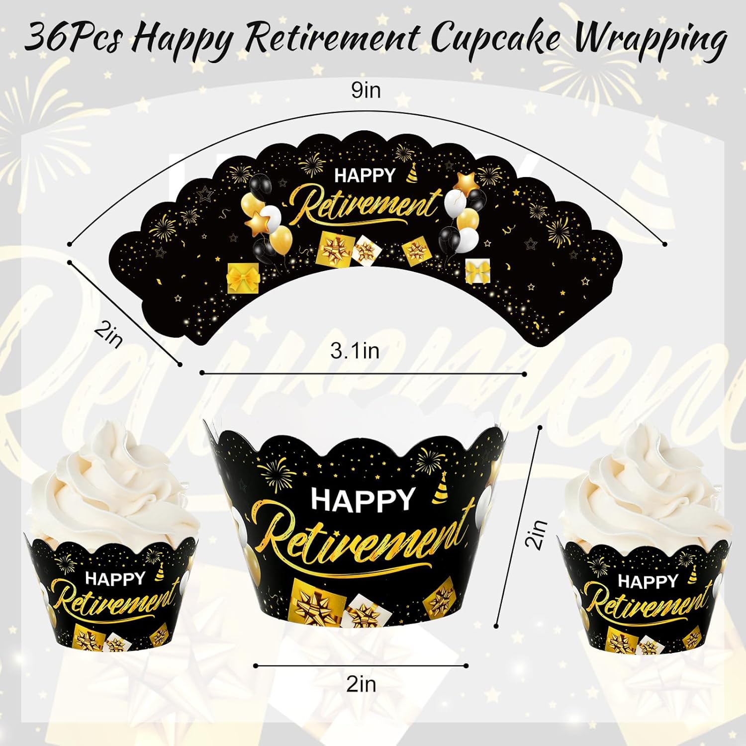 Whaline 36Pcs Happy Retirement Cupcake Wrappers Black Gold Retirement Cupcake Liners Decorative Cupcake Holders for Party Cake Dessert Decoration