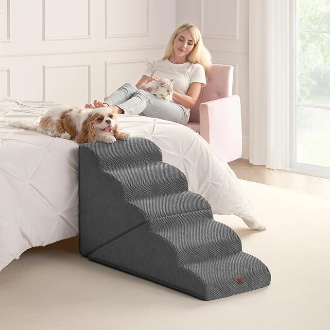 EHEYCIGA Curved Foldable Dog Stairs Ramp for High Beds 22.5" H, 5-Step Dog Steps for Small Dogs and Cats, Pet Stairs for High Bed Climbing, Non-Slip Balanced Pet Step Indoor, Grey-PawvioPets