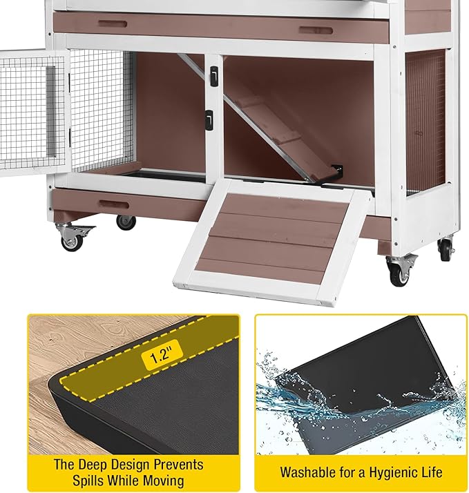 AIVITUVIN Wooden Rabbit Hutch Indoor Outdoor Rabbit Cage with Two Removable Trays Bunny Cage on Wheels Pet House Guinea Pig Cage 2 Story (Brown)-PawvioPets