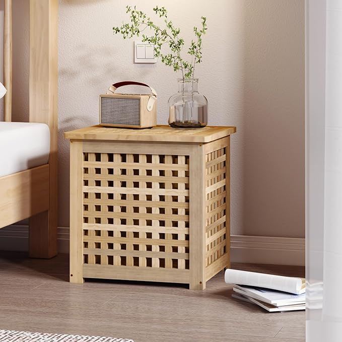 Bench with Storage, Acacia Laundry Hamper with Seat, Storage Benches with Seating for Entryway, Living Room, Bedroom, Bathroom (15.7x19.7x17.7in)-PawvioPets