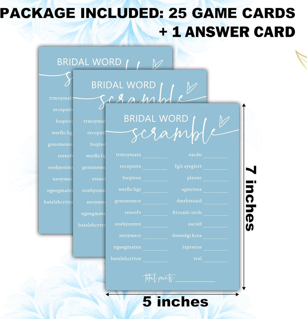 Minimalist Bridal Shower Games, 30 Light Blue Bridal Word Scramble Cards + 1 Answer Card, Wedding Bachelorette Engagement Party Supplies - A16