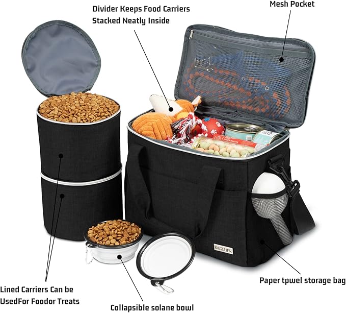 BAGLHER Dog Travel Bag Backpack Pet Supplies Backpack Pet Accessories Storage Bag 5-Piece Set with Shoulder Strap 2 Lined Pet Food Containers 4 Foldable Feeding Bowls Essential Kit for Pet Travel-PawvioPets
