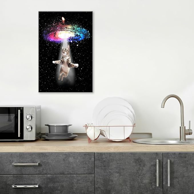 Funny Cat Wall Art Canvas Galaxy Wall Decor Prints Framed Painting Animal Pictures Gifts Artwork for Bathroom Living Dining Kitchen 16"x24"-PawvioPets