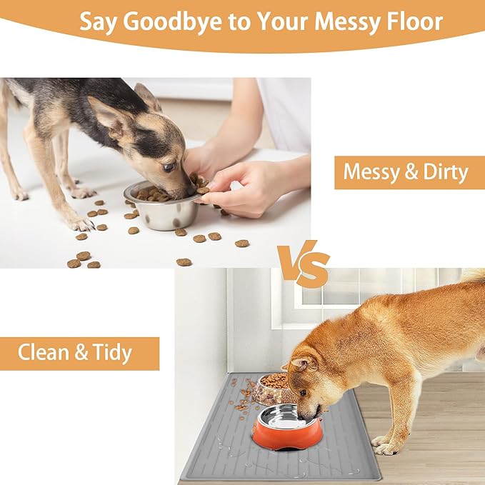 24" x 16" Dog Food Mat, Silicone Pet Mats for Food and Water, Nonslip Pet Feeding Mats for Floors, Dog Cat Bowl Mat with Raised Edges, Black-PawvioPets