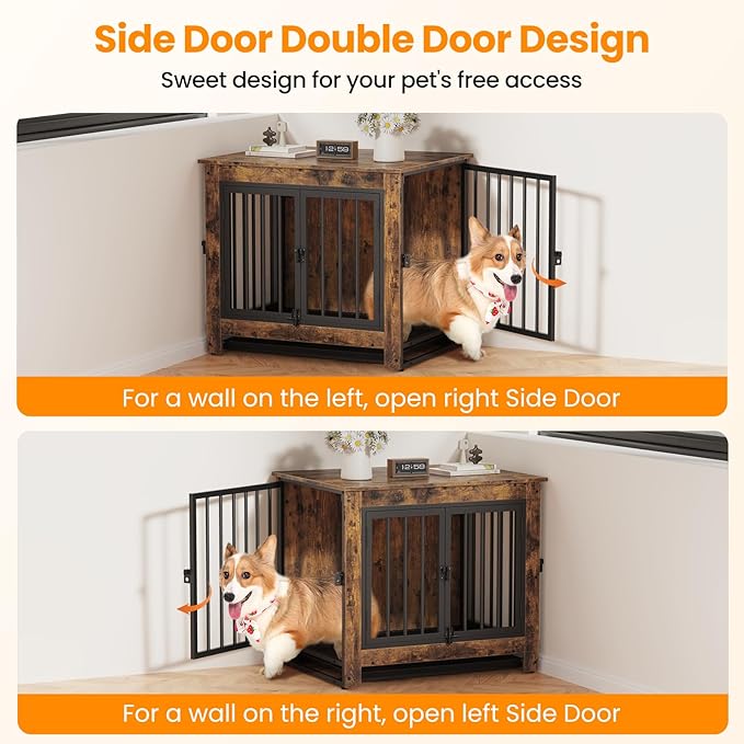 Dog Crate Furniture, Dog Crate End Table for Small and Medium Dogs,Wooden Cage Kennel Furniture Indoor, Modern Dog Crate with Multi-Purpose Removable Tray, Double-Doors Dog Furniture, Rustic Brown-PawvioPets