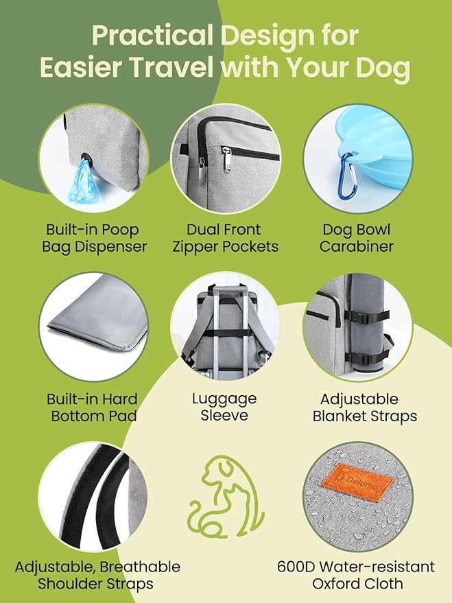 Dog Travel Bag, 25L Airline Approved Dog Travel Backpack for Pet Travel Accessories with 2 Food Storage Containers, 2 Foldable Bowls for Short Trips, Grey-PawvioPets