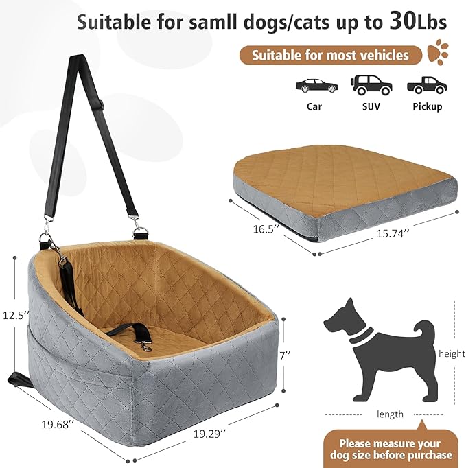 Dog Car Seat for Small Medium Dogs,Detachable Washable Dog Booster Seat Under 30lbs, Pet Car Seat Travel Bed with Storage Pockets and Dog Safety Belt(Grey/Brown)-PawvioPets
