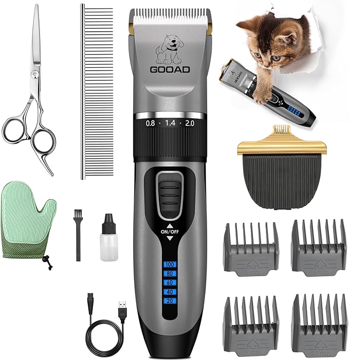 Cat Clippers, Professional Cat Grooming Kit, Cordless Cat Grooming Clippers for Thick Coats, Cat Hair Trimmer, Low Noise Cat Shaver Clippers, Quiet Pet Hair Clippers Tools for Cats Dogs (Gray)-PawvioPets