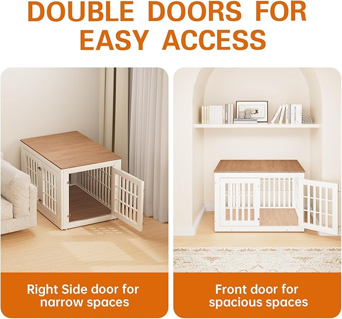 42" Heavy Duty Dog Crate Furniture for Small,Medium and Large Dogs,Rustic Wooden Dog Cage Kennel Indoor Furniture with Waterproof Top,Decorative Pet House Side End Table (White & Wood)-PawvioPets