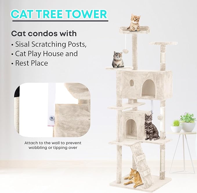 FDW Cat Tree 70in Cat Tower Multi-Level Durable Cat Scratching Post & Cozy Fun Cat Jumping Platform Space Saving Cat Condo Pet Play House for Indoor Cats,Beige-PawvioPets