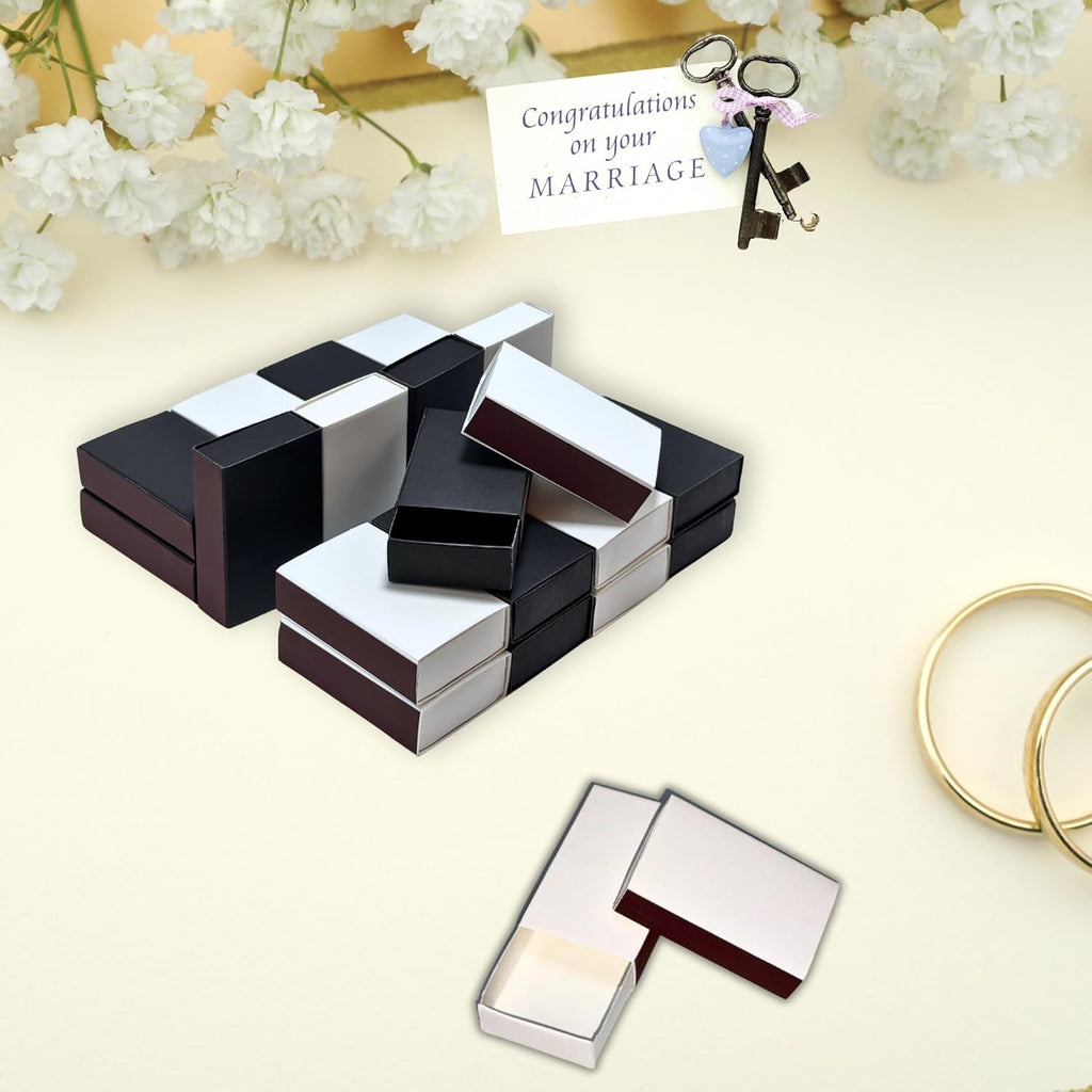 60pcs Blank Match Boxes, 2.25x1.42x0.59in Bulk White and Black Matchboxes DIY Plain Storage Containers Holders Double-Sided Striker Wedding Bridal Baby Shower Birthday Party Favor, No Matches Included