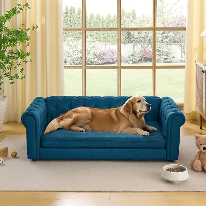 Dog Sofa Couch for Medium to Large Dogs, 55" Memory Foam Pet Sofa Couch with Washable Fabric, Durable Elevated Dog Bed with Legs, Removable Cushion for Medium and Large Dogs, Blue-PawvioPets