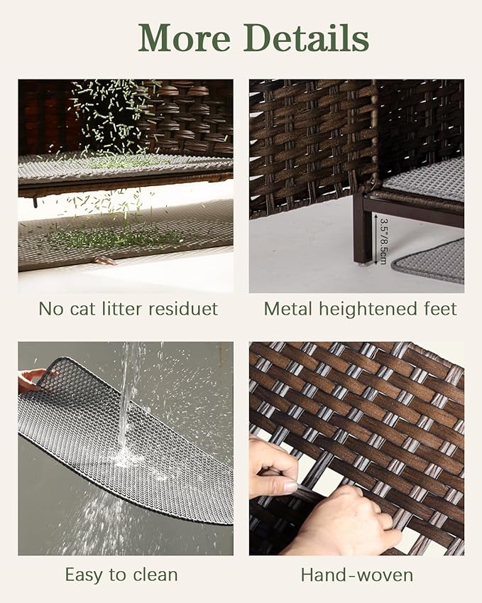 Cat Litter Box Enclosure Hidden Litter Box Furniture with Metal Heightened Feet, Rattan Handwoven Cat House with Litter Mat, Hidden Litter Box Furniture for Bedroom Living Room Brown-PawvioPets