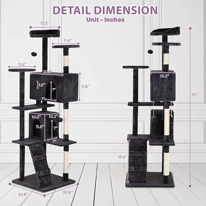 70 inches Cat Tower for Indoor Cats Multi-Level Cat Condos for XL Cat Tree Cat Climbing Tower with Scratching Posts, Hanging Toys,Dark Gray-PawvioPets