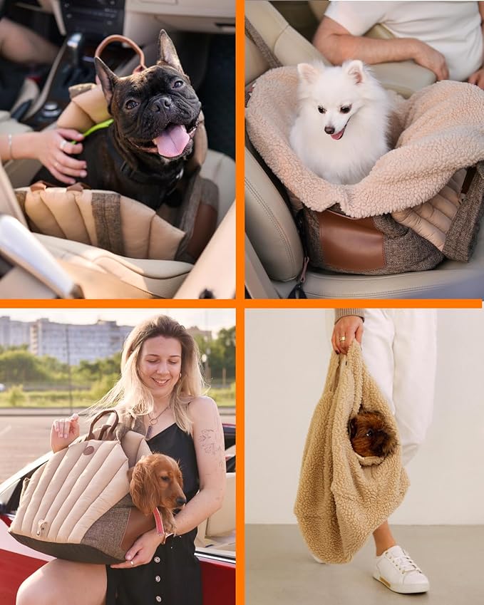 Dog Travel Bag | Cat Carrier | Small Pet Taxi | Lightweight Soft-Sided Tote, Car-Seat Compatible, Washable, 6–20 lb | Vegan Materials | Brown-PawvioPets