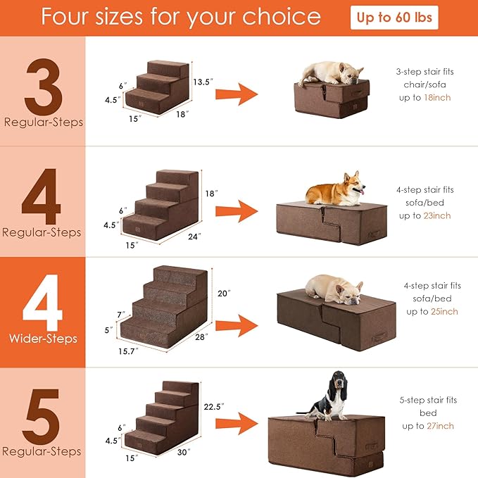 EHEYCIGA Dog Stairs for Bed 20" H, 4-Step Extra Wide Dog Steps for High Bed, Pet Steps for Small Dogs and Cats, Non-Slip Balanced Pet Ramp Indoor, Brown-PawvioPets