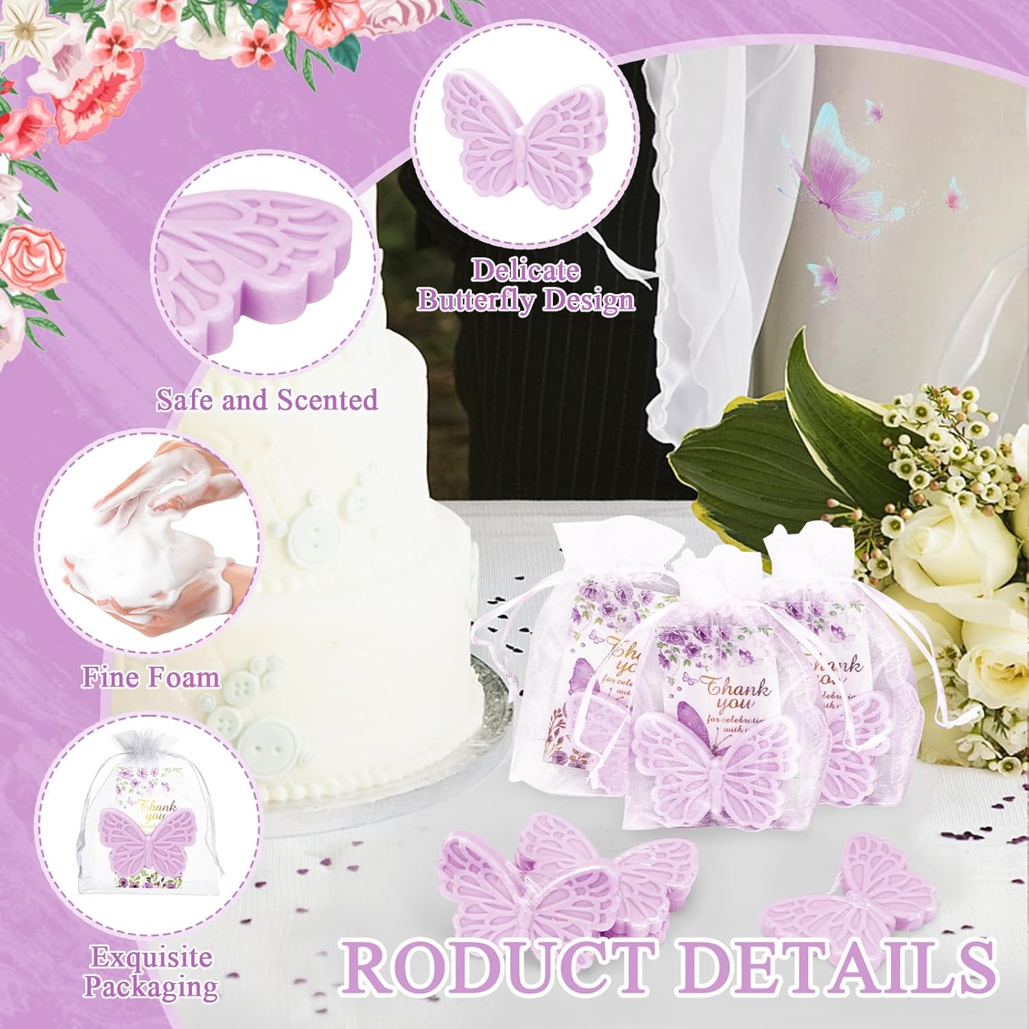 50 Sets Butterfly Baby Shower Favors for Guests Butterfly Soap Favors Handmade Scented Soap with Thank You Cards Organza Bags for Gender Reveal Baptism Decorations Wedding Bridal Gift (50, Purple)