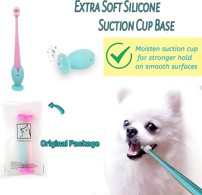 E.M&S.T by Emmeliestella Small Dog & Cat Toothbrush 360 Degree Soft Silicone, Cat Dental Care, Toothbrush Holder, Easy to Handle, Independent Packaging, Extra Suction Cup, Light Blue&Light Pink 3PCS-PawvioPets