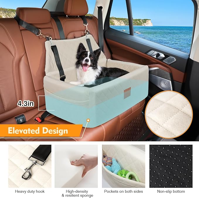 Dog Car Seat for Large Medium Dogs,Washable Pet Carseat Under 55 lbs or 2 Small Dogs,Dog Booster Seat Travel Bed with Thick Cushion,2 Safety Leashes-PawvioPets