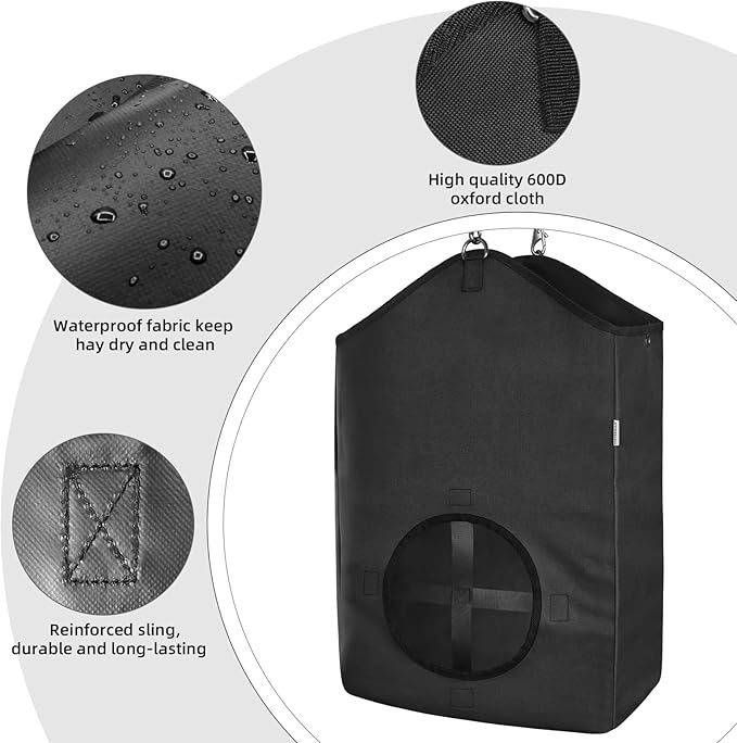 3 PCS Goat Hay Feeder,Hay Bags for Horses,Goats,Donkeys with Reinforced Oxford Fabric and High Strength Metal Clasp,Horse Feeding Supplies with Adjustable Strap for Easy Hanging (3Black)-PawvioPets