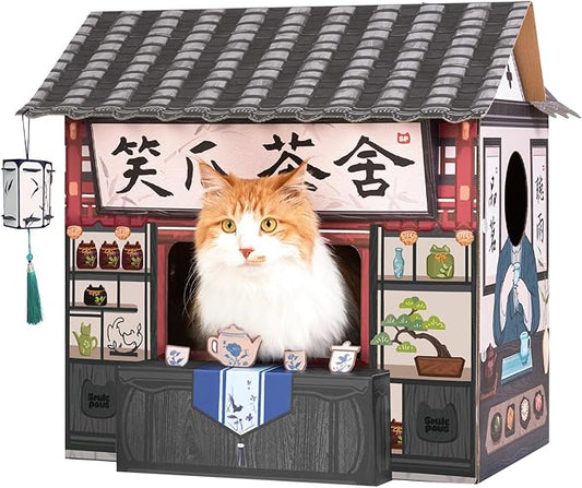 Cat Beds for Indoor Cats, Cardboard House with Scratchers, Tea House, Large Sturdy Cat Furniture Condo Cave Tent, Easy to Assemble Pet Toys Accessories Stuffs, Bunny Small Animals-PawvioPets